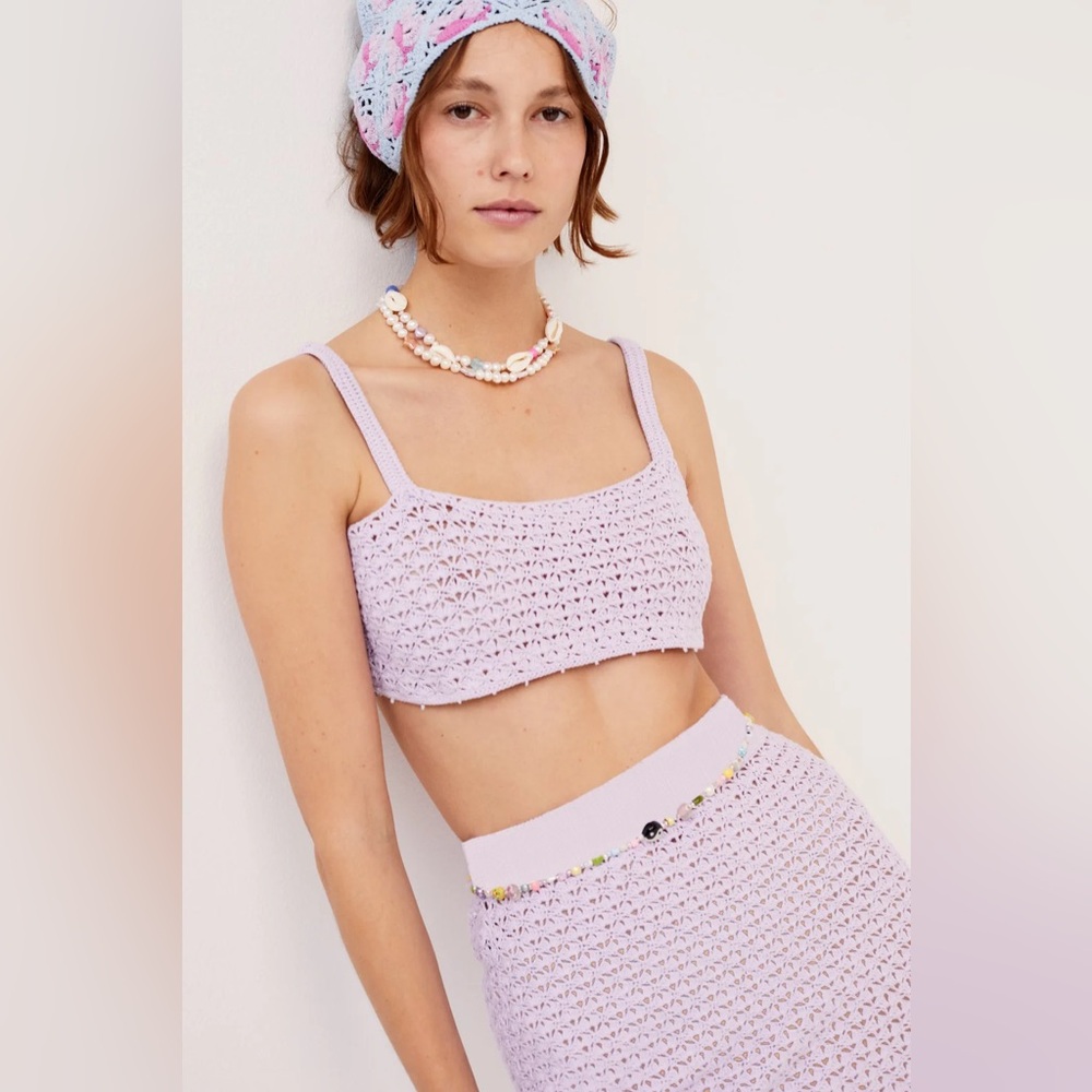 For Love & Lemons Charlotte Crochet Knit Set Bralette & Skirt NWT Lilac Purple